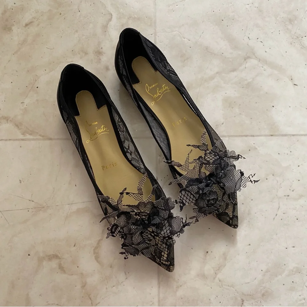 Christian Louboutin Delicatissima Black Satin Lace Pointed Toe Flats Size 8/38